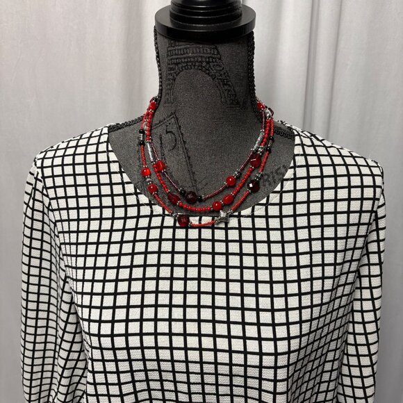 Adrianna Papell Blouse Womens Size Large Black White Windowpane Puff Sleeve Top - Picture 2 of 9